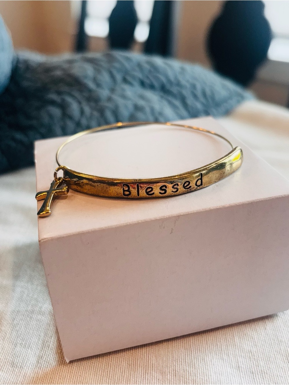 Blessed Cross Gold Tone Bangle Bracelet Inspirational Christian Faith